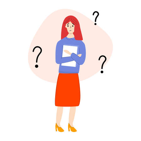 Woman wondering what to do, vector. Young lady feeling in doubt undecided and insecureのイラスト素材