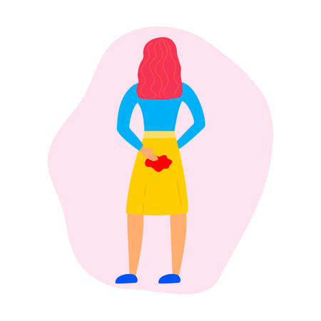 Young girl character is leaking during menstruation. Stain pants blood. period. Feminine hygiene. menstrual protection. flat vector illustrationのイラスト素材