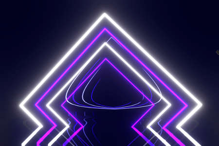 3d render, ultraviolet neon triangular portal, glowing lines, tunnel, corridor, virtual reality,...