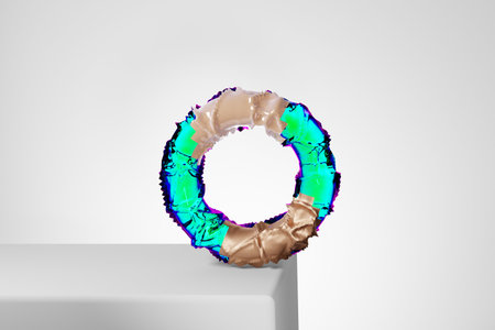 3d render, abstract geometric torus shape, cracked surface with hole. Split object isolated on white...