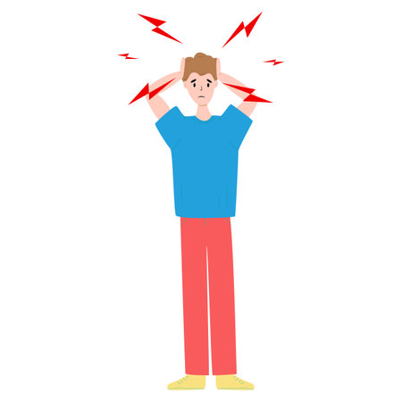 The man having a headache and migraines. Symptoms of a viral disease.Respiratory Illness, Virus Prevention.Isolated. vector illustrationのイラスト素材
