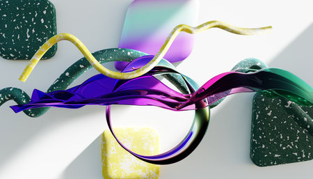 Flying abstract figures. Cloth fabric gradient waves abstract background. Iridescent glass wavy...