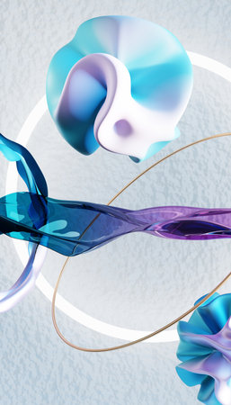 Flying abstract figures. Cloth fabric gradient waves abstract background. Iridescent glass wavy...