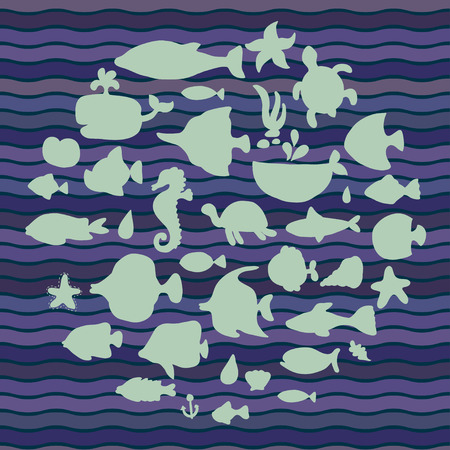 Maritime vector set silhouettes fish in the wavesのイラスト素材