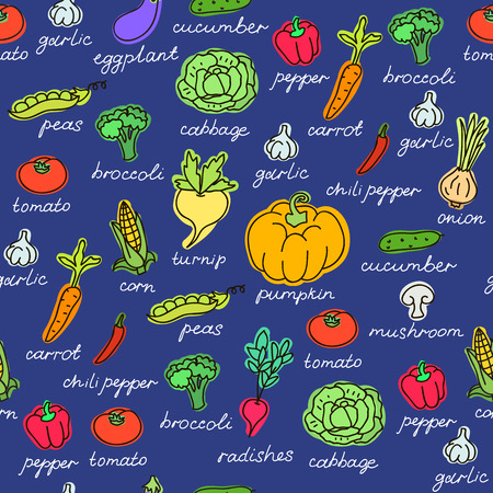 Vector pattern of seamless background with vegetables. Vector hand drawn doodle background.のイラスト素材