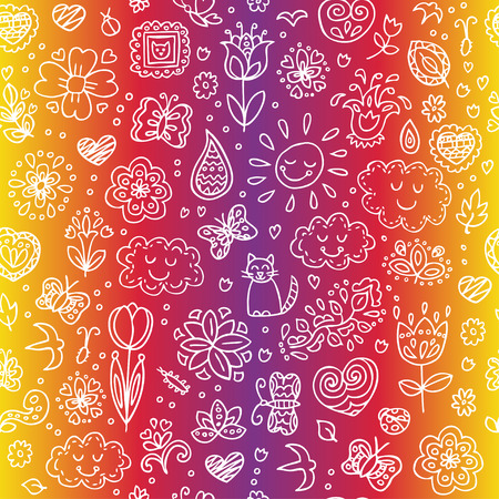 Spring doodles set. Hand draw flowers, sun, clouds, butterflies. Season of the blossom, illustration, cute background.のイラスト素材