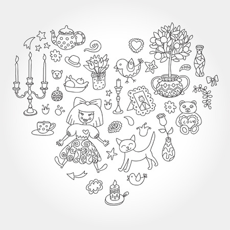 Home sweet home. Set of hand drawn vector home interior doodles. Black and white colors.のイラスト素材