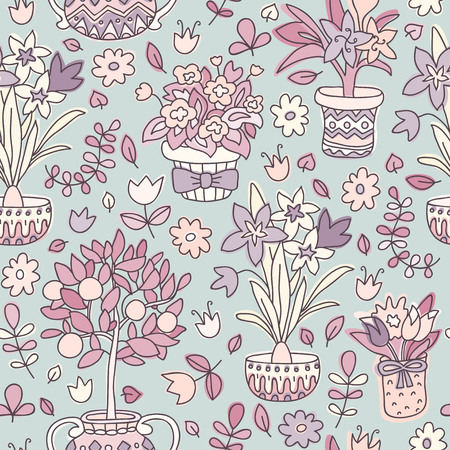 Seamless pattern doodle plants in pots, floral background. Beautiful vector design.のイラスト素材