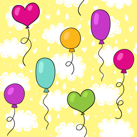 Colorful balloons flying in the sky. Modern birthday background. Can be used for textile, website background, book cover, packaging.のイラスト素材