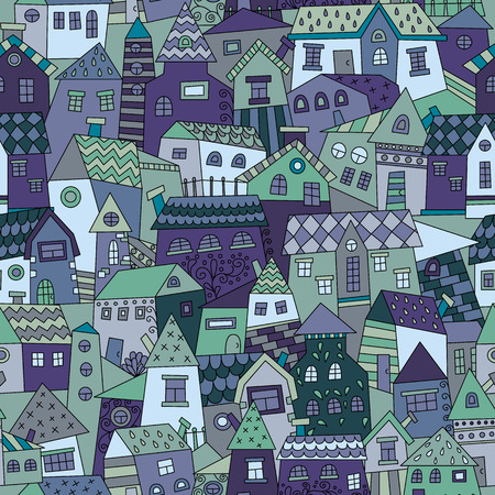Doodle hand drawn town seamless pattern. Vector illustration for your cute design.のイラスト素材