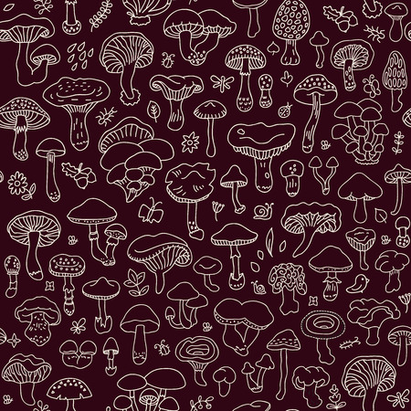 Vector seamless pattern with mushrooms. Autumn forest. Endless texture for wallpaper, fill, web page background, surface texture.のイラスト素材