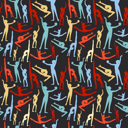 Vector pattern with decorative silhouettes of gymnasts. Can be used for textile, website background, book cover, packaging.のイラスト素材