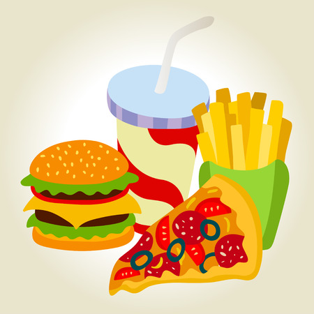 Fast food set. Hamburger, french fries, hot dog and soft drink in cup with straw. 
Vector illustration for your cute design.のイラスト素材