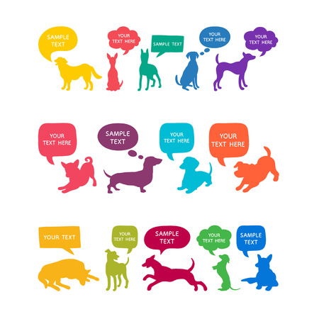 Set of cute dogs silhouette with speech bubbles. Beautiful vector design.のイラスト素材