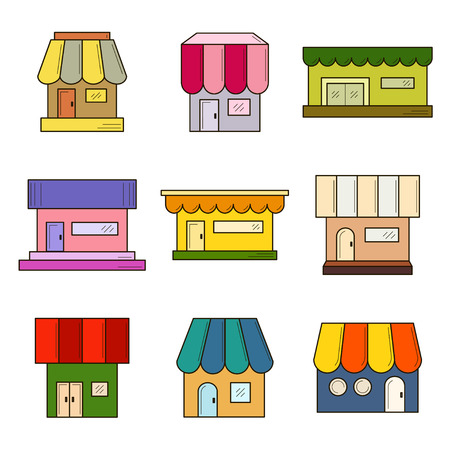 Set of 9 store front icons. Flat design. It can be used as - logo, pictogram, icon, infographic element. Vector illustration for your cute design.のイラスト素材