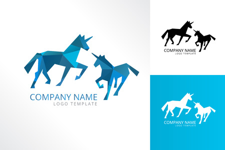 Unicorn logo template in three color version. Stock vector template, easy to use. Polygon style.のイラスト素材
