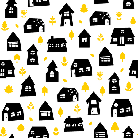 Doodle hand drawn town with plants seamless pattern. Abstract wallpaper. Vector illustration for your cute design.のイラスト素材