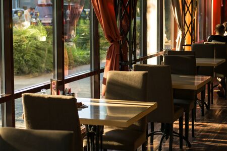 Morning at the cafe. Coffee shop is waiting for its visitors. Good morning conceptの写真素材