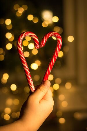 New Yearâs sweets folded heart in hand on background of blurred lights. Holiday. Love. Christmas. Valentines day. Holiday mood.の写真素材