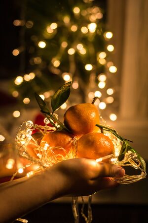 New Year or Christmas decorations with mandarins and christmas lights. Preparation or celebration christmas or new year concep. New year card. Holiday Decoration to Russian Traditionの写真素材