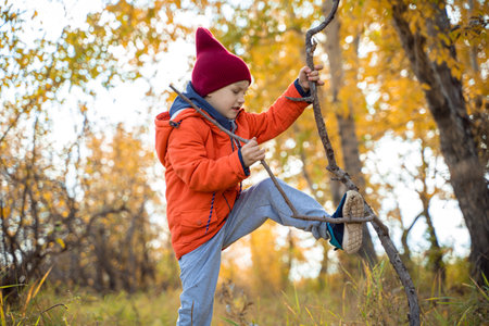 Child in an orange jacket walking on the fallen leaves in the autumn forest. Rest in the fall in nature.の写真素材