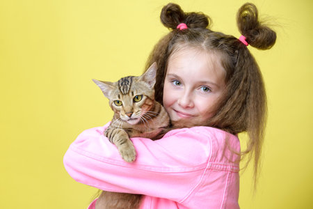 Cool girl with a fashionable hairstyle in a pink jacket holds a cat on a yellow backgroundの写真素材
