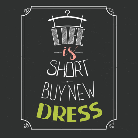 Hand drawn typography dress design with positive quote. Silhouette of woman classic little dress from words.のイラスト素材