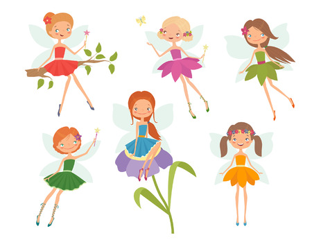 Cartoon character set of cute little fairies. Vector illustrationのイラスト素材
