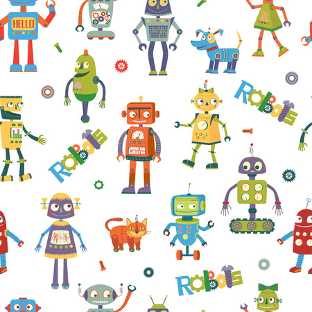Seamless pattern of cartoon robots in a white backgroundのイラスト素材