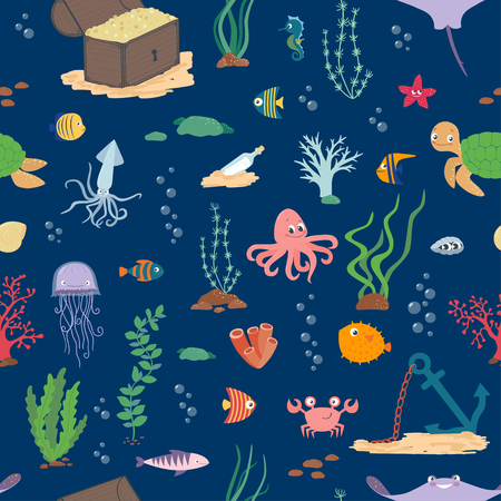 Underwater life. Cartoon seamless pattern on a dark backgroundのイラスト素材