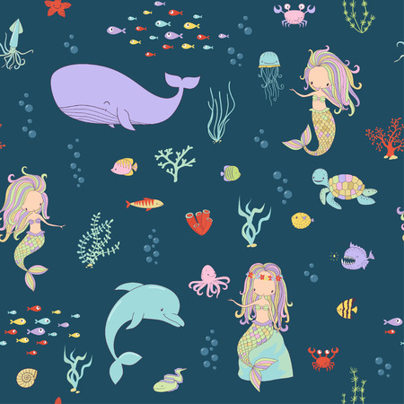 Mermaids and sea animals on a dark background. Cartoon vector illustrationのイラスト素材