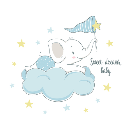 Little elephant on the cloud. Cartoon vector illustration for kids. Use for print design, surface design, fashion kids wear, baby showerのイラスト素材