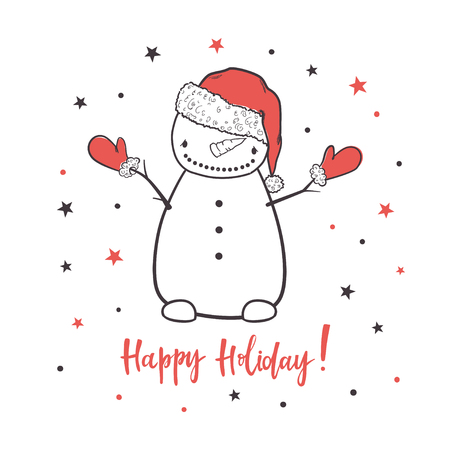 Happy holiday. Cartoon vector illustration with a snowman. Use for print design, surface design, gift, greeting cardsのイラスト素材