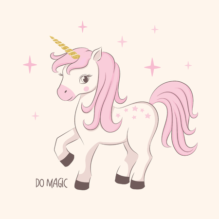 Vector illustration for kids of a cute unicorn on a pink background. T-shirt graphic for kids clothing. Use for print, surface design, fashion kids wearのイラスト素材