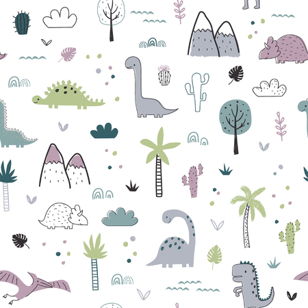 Seamless pattern with dinosaurs. Cartoon vector illustration for kids. Use for print design, surface design, fashion kids wearのイラスト素材