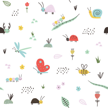 Seamless childish pattern with cute bugs, bee, catepillar. Vector illustration. Use for textile, print, surface design, fashion kids wearのイラスト素材
