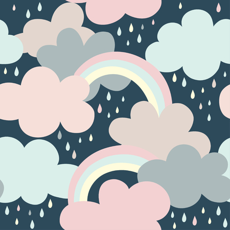 Seamless pattern with clouds, rainbow and drops. Cartoon vector illustration use for textile, print, surface design, fashion kids wearのイラスト素材
