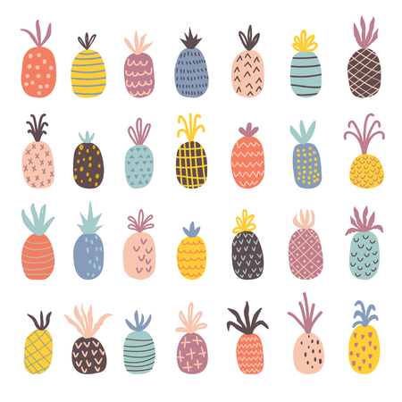 Hand drawn pineapples set. Isolated cartoon vector illustration in scandinavian styleのイラスト素材