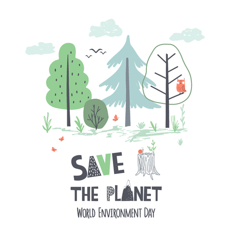 Hand draw vector illustration of Earth Day. World Environment Day poster in scandinavian styleのイラスト素材