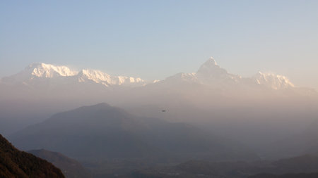 Beautiful view of Annapurna mountain range at sunrise, natural landscape. Trekking in Nepalese Himalayas.の写真素材