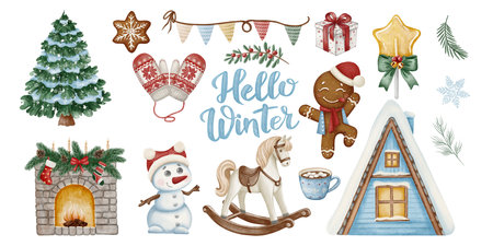 Watercolor winter clipart set with Christmas tree, snowman, gingerbread, mittens, gifts, and cozy house. Hand-painted in soft tones, perfect for greeting cards, posters, and holiday decor.の写真素材