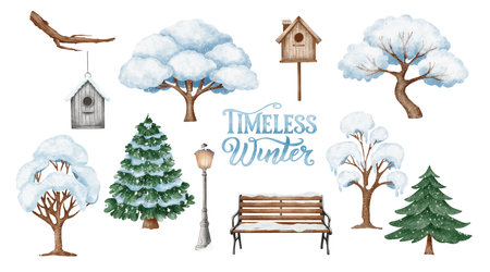 Watercolor winter scene with snowy trees, benches, street lamp, and birdhouses. Gentle pastel style. Perfect for winter prints and seasonal decor.の写真素材