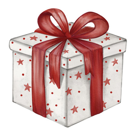 Watercolor illustration of a gift box with a red bow, painted in a cozy hand-drawn style. Perfect for Christmas cards, holiday packaging, and festive decor designsの写真素材