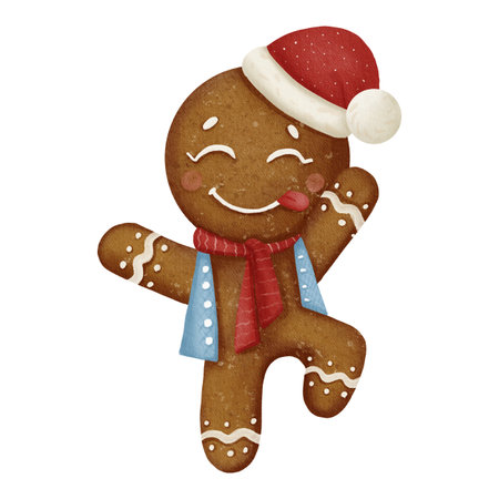 Cute watercolor gingerbread man in Santa hat, scarf, and vest. Hand-painted in a cozy festive style. Perfect for Christmas cards, winter decor, stickers, and holiday designs.の写真素材