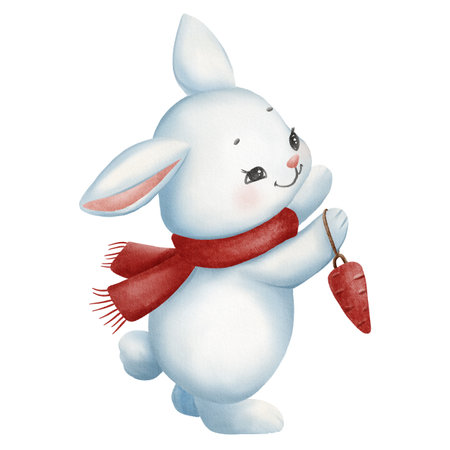 Cute watercolor bunny in a red scarf holding a carrot toy, painted in a soft, cozy style. Perfect for nursery prints, children's books, winter cards, and holiday designs.の写真素材