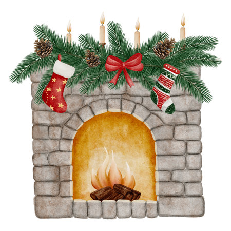 Watercolor Christmas fireplace decorated with stockings, candles, and pine branches in a cozy festive style. Perfect for holiday cards, posters, winter prints, and home decor.の写真素材