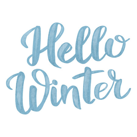 Watercolor inscription Hello Winter in handwritten style with soft blue tones. Perfect for greeting cards, posters, stickers, and seasonal designs.の写真素材