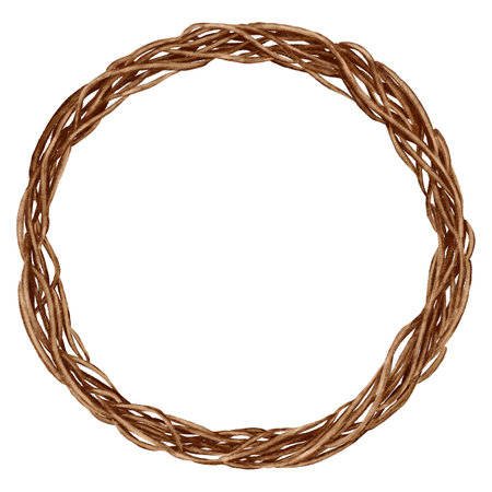 A wreath made of natural branches in earthy brown tones in a watercolor style. Perfect for seasonal decor, botanical arrangements, invitations, packaging, and rustic-style projects.の写真素材