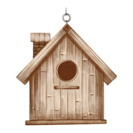 A wooden birdhouse in a soft watercolor style. Perfect for spring or winter scenes, greeting cards, children's books, or home decor designs.の写真素材