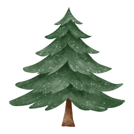A watercolor tree, painted in a soft, hand-drawn style with delicate green hues. Perfect for holiday cards, winter decorations, and festive design projects.の写真素材